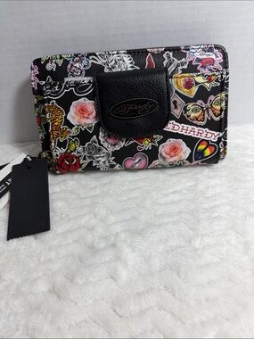 Ed Hardy Black Floral & Tattoo-Print Zip Wallet
